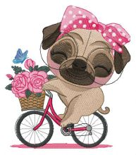 Pug-dog riding bike embroidery design