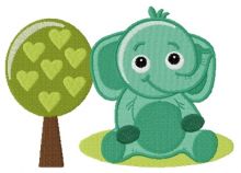 Cute elephant near tree embroidery design