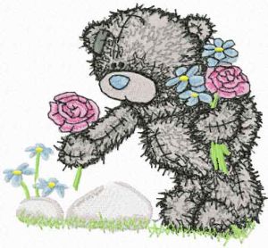 Teddy bear collects flowers embroidery design