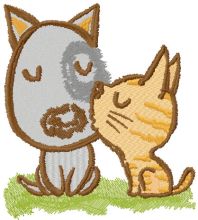 Kitten kissing puppy embroidery design