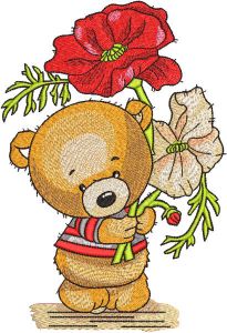 Bear collected big poppies embroidery design