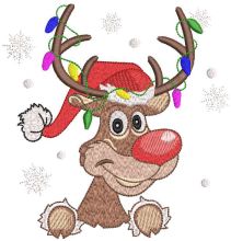 Reindeer in santa hat with garland on antlers embroidery design