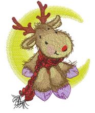 Deer in red knitted scarf on moon embroidery design