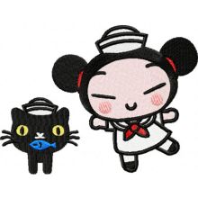 Pucca Dancing with a Cat embroidery design