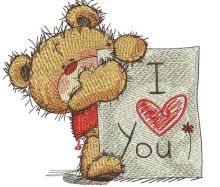Teddy bear with I LOVE YOU board embroidery design