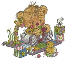 Baby teddy bear with toys embroidery design