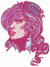 Lady in hat with veil embroidery design