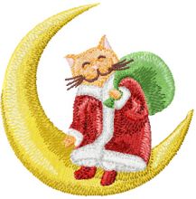 Christmas Cat sitting on a crescent moon embroidery design
