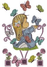 Cute girl playing with butterflies 2 embroidery design