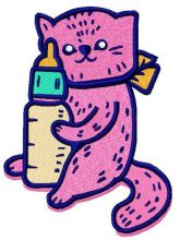 Pink cat with baby bottle embroidery design