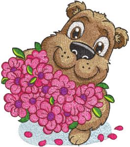 Big smiling bear with a bouquet of roses embroidery design