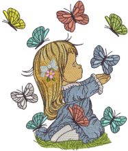 Cute girl playing with butterflies embroidery design