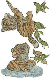 Tiger cubs playing in jungle embroidery design