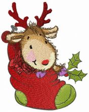 Fawn in cozy Christmas sock embroidery design
