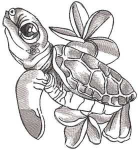 Greyscale turtle with flower embroidery design