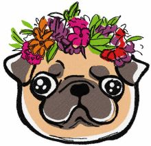 Pug with a wreath of flowers embroidery design