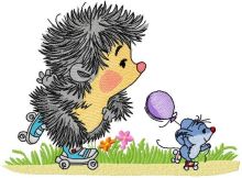 Hedgehog and mouse roller skating embroidery design