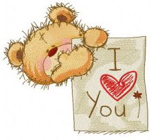 Teddy bear with I LOVE YOU board 2 embroidery design