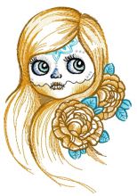 Girl with sewn mouth embroidery design