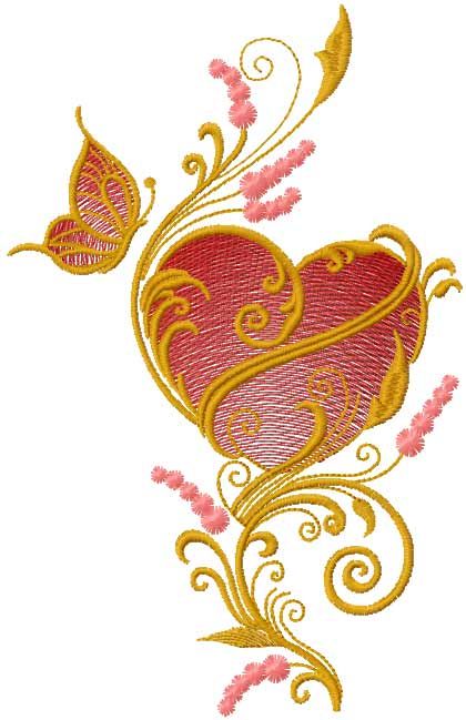 Heart and butterfly free machine embroidery design