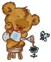 Teddy with watering can embroidery design