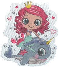 Queen mermaid riding a whale unicorn embroidery design