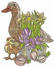 Duck family and daffodils embroidery design