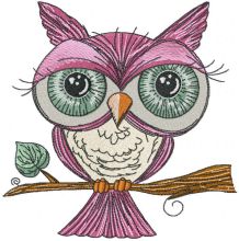 Pink owl on a branch embroidery design
