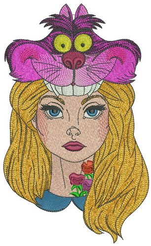 Alice with Cheshire cat hat machine embroidery design