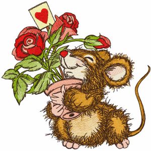 Mouse received a pot of roses as gift embroidery design