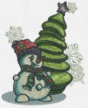 Snowman near fir tree embroidery design
