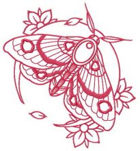Pink moth and flowers embroidery design