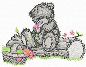 Teddy Bear with a basket of flowers embroidery design
