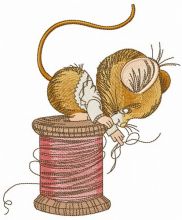 Mouse sitting on spool of threads embroidery design