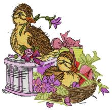 Ducklings with violets embroidery design