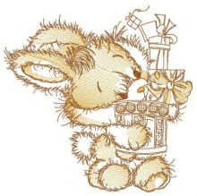 Fluffy rabbit holding gifts embroidery design