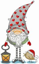 Gnome in phrygian cap with hearts holding lantern embroidery design