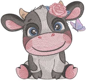Smiling cow with butterfly embroidery design