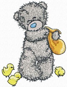 Teddy Bear feeding chickens embroidery design