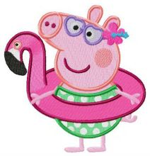 Peppa Pig with flamingo swim ring embroidery design