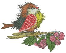 European robin with pink flower embroidery design