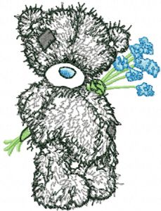 Teddy Bear with blue flowers applique embroidery design