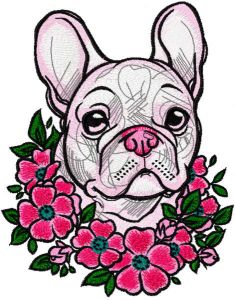 French Bulldog in a wreath flowers embroidery design