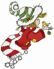 Christmas elf sings with bird embroidery design