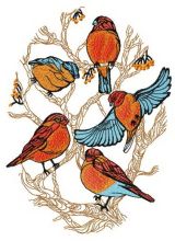 Flock of bullfinches on tree embroidery design