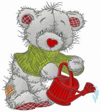 Bear with red watering can embroidery design