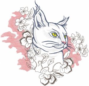 Cat with spring flowers embroidery design