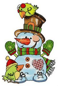 Snowman with couple of green birdies embroidery design