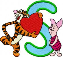 Tigger with heart and Piglet Alphabet Letter S embroidery design