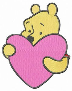 Winnie the Pooh with pink heart embroidery design